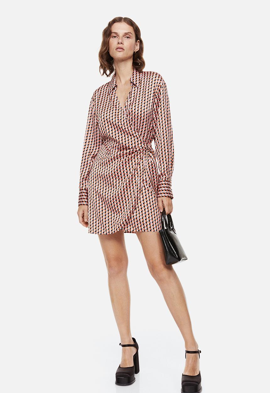 H&M - Satin wrapover shirt dress - pink/patterned