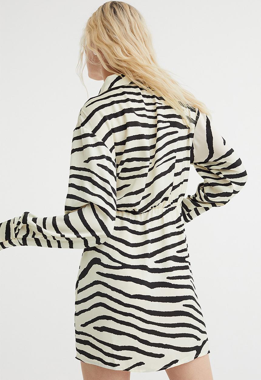 H&M - Satin wrapover shirt dress - cream/zebra print