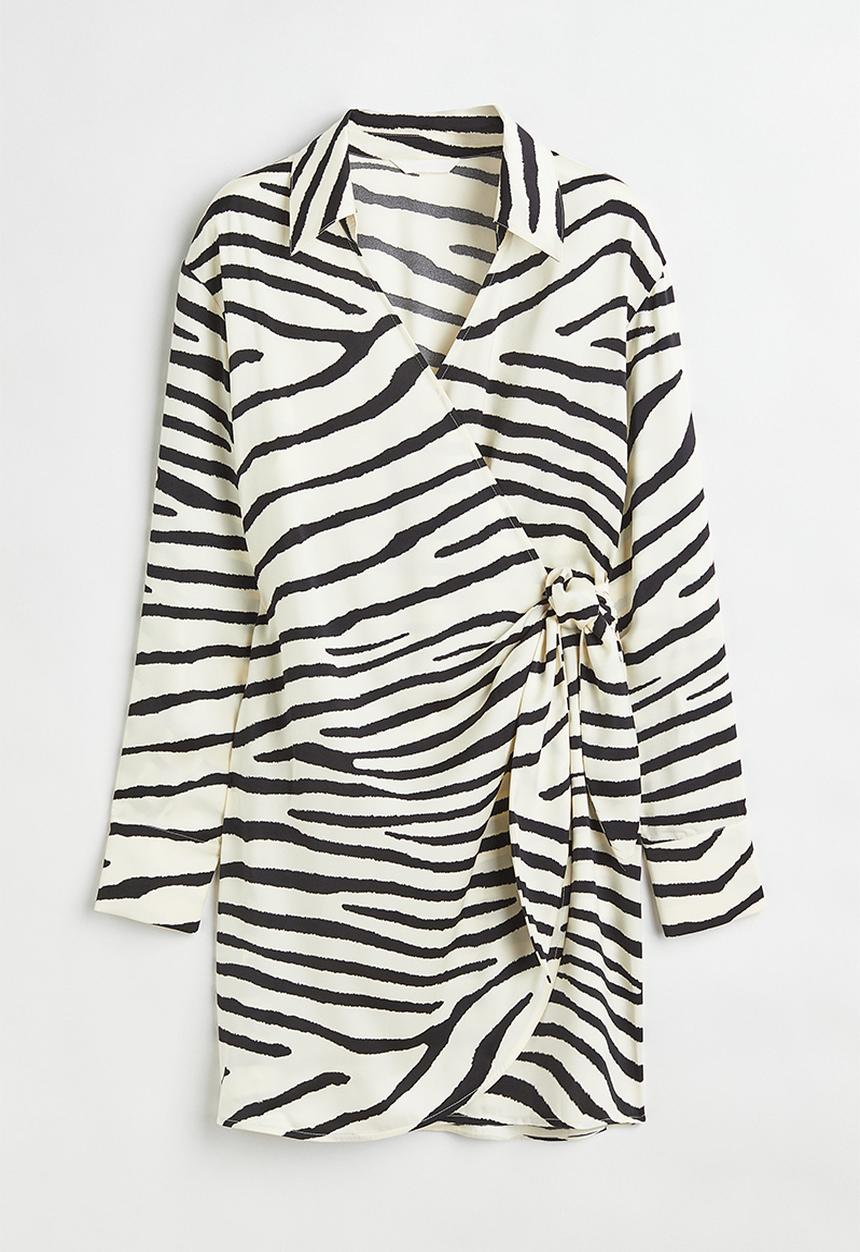 H&M - Satin wrapover shirt dress - cream/zebra print