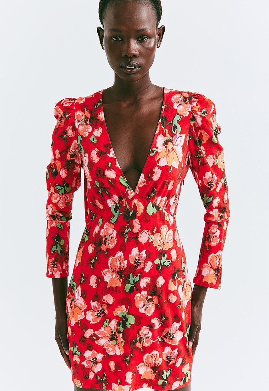 H&M - Patterned puff-sleeved dress - red/floral