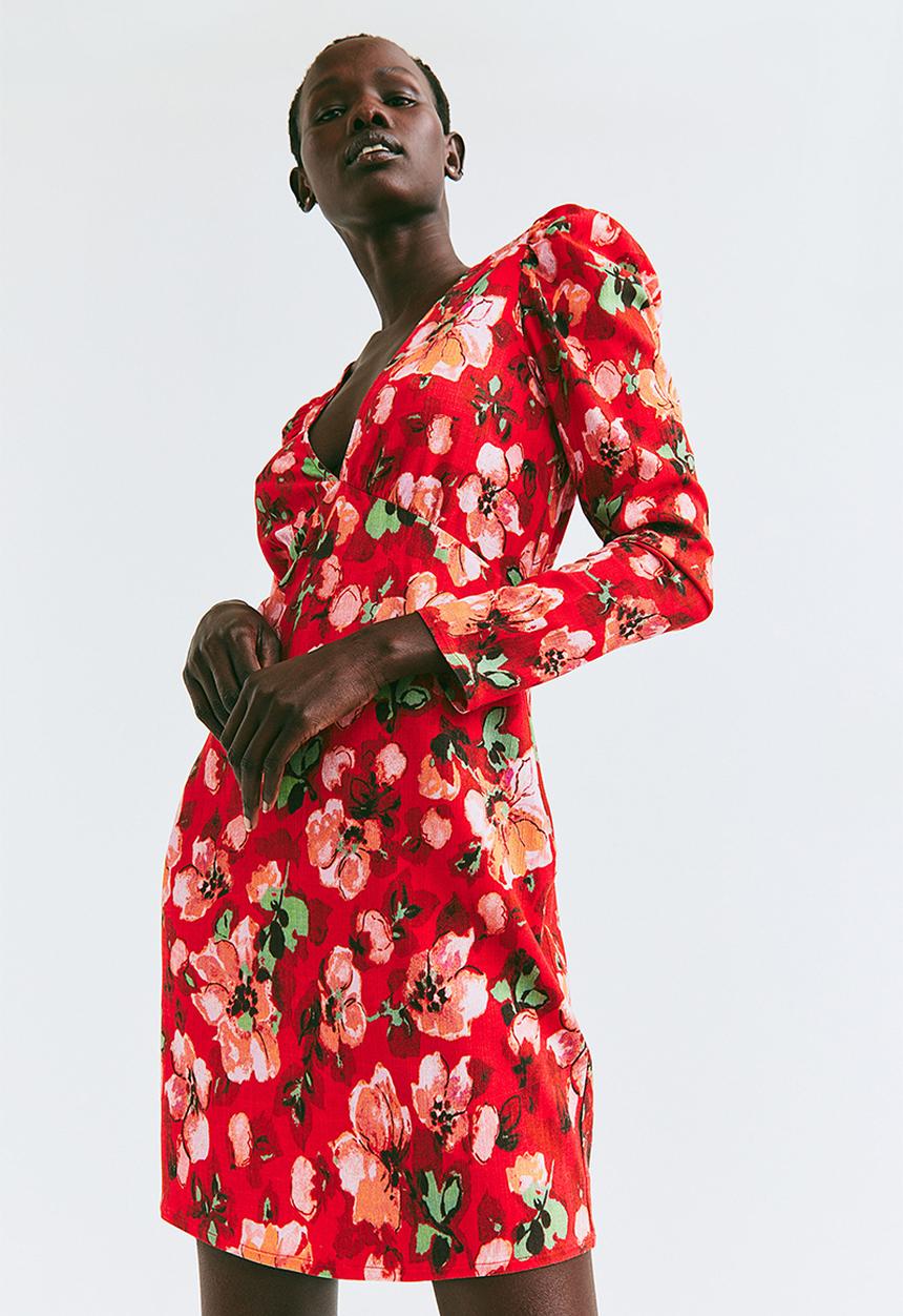H&M - Patterned puff-sleeved dress - red/floral