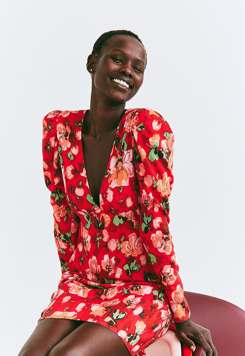 H&M - Patterned puff-sleeved dress - red/floral