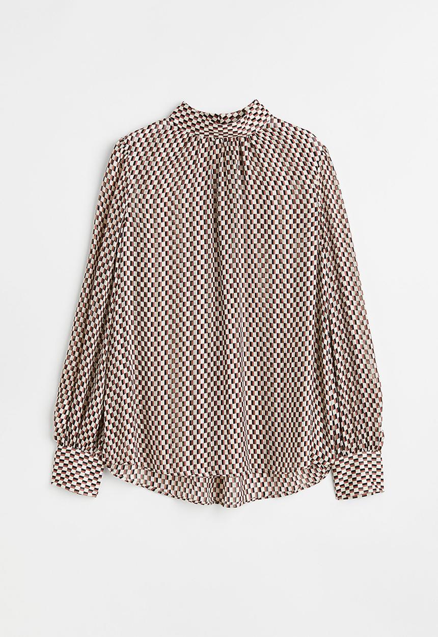 H&M - Stand-up collar satin blouse - natural white/checked
