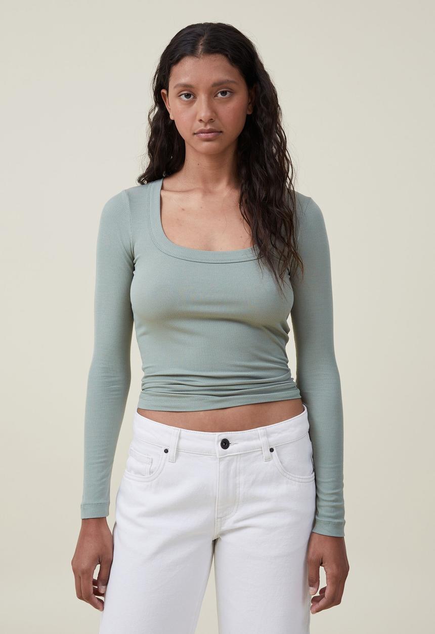 Cotton On - Staple rib long sleeve top - tinted sage