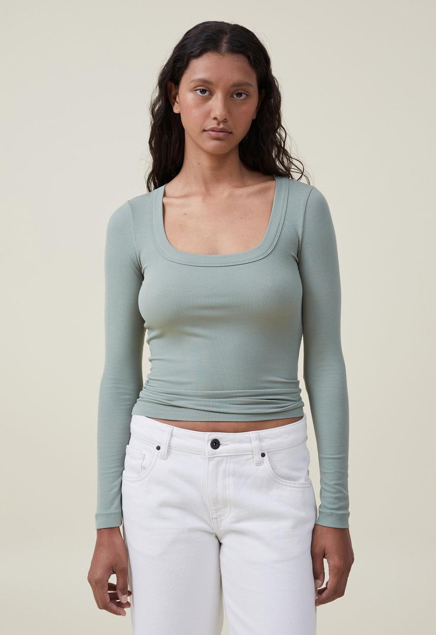 Cotton On - Staple rib long sleeve top - tinted sage
