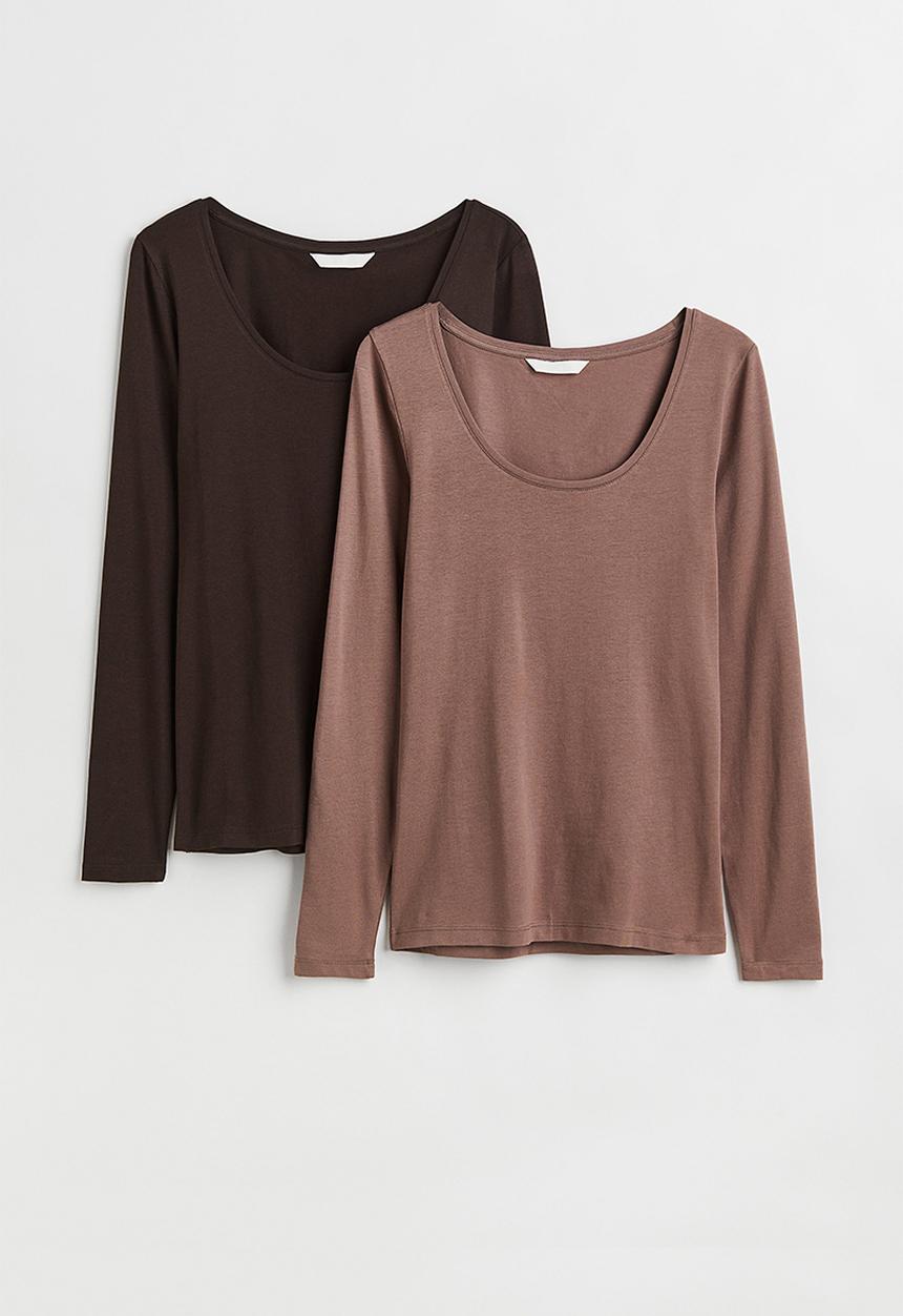 H&M - 2 Pack jersey tops - black/dark beige
