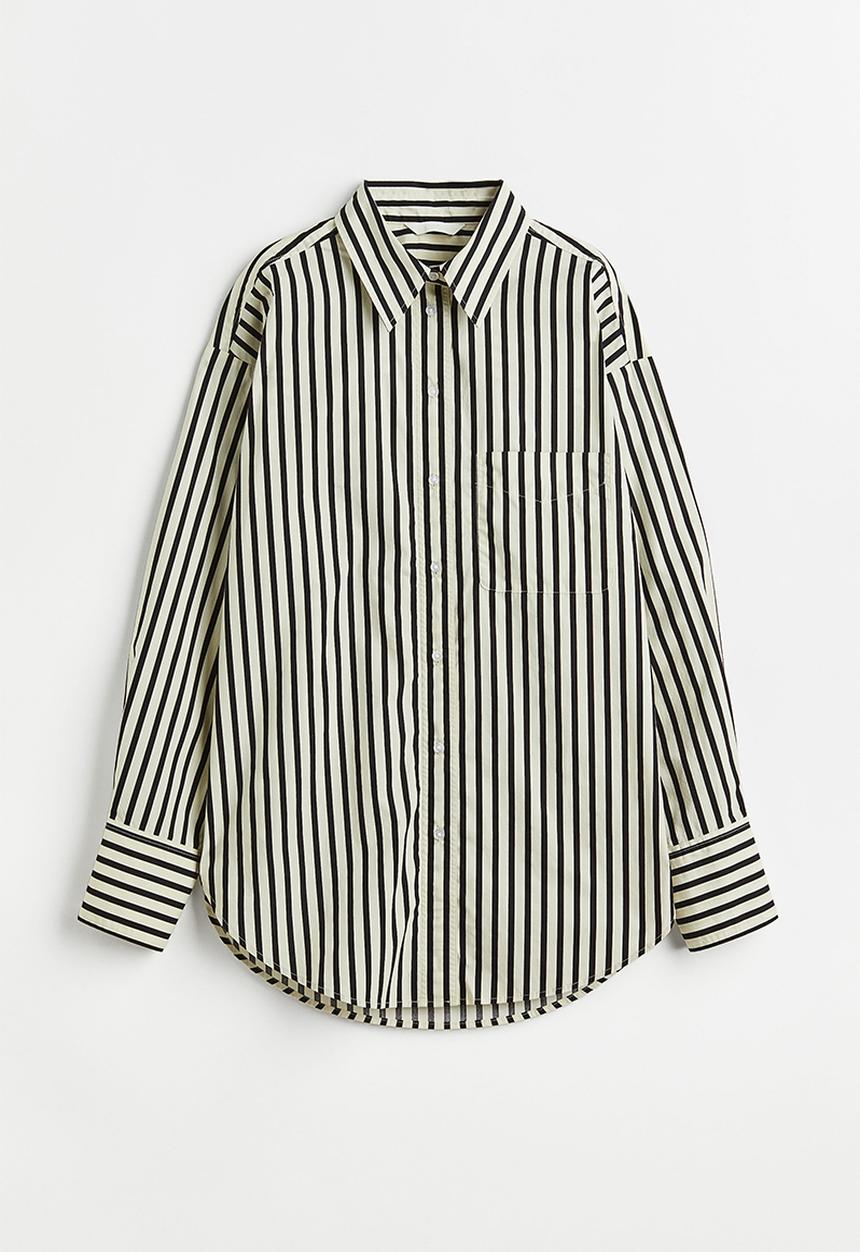 H&M - Oversized cotton shirt - white/striped