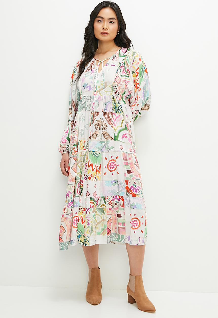 edit - Tiered dress with front ties - patchwork border print