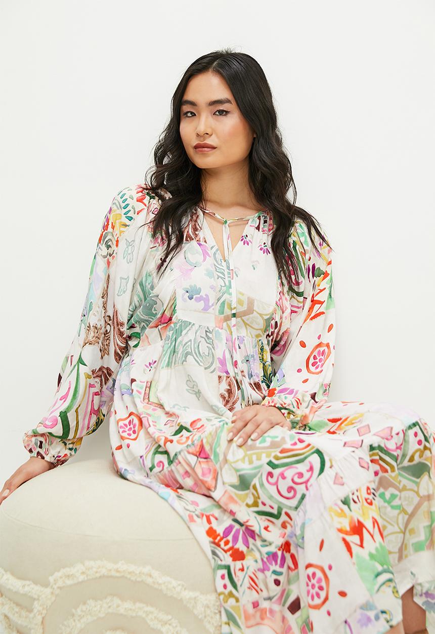 edit - Tiered dress with front ties - patchwork border print