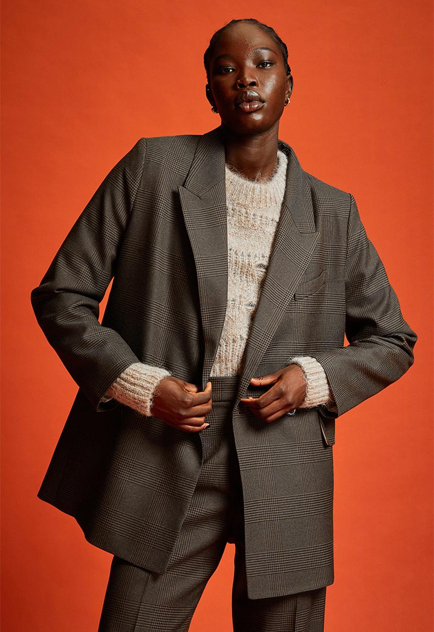 H&M - Double-breasted blazer - dark brown/checked