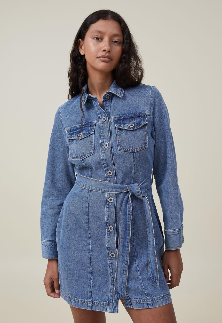 Cotton On - Long sleeve denim mini dress - offshore blue
