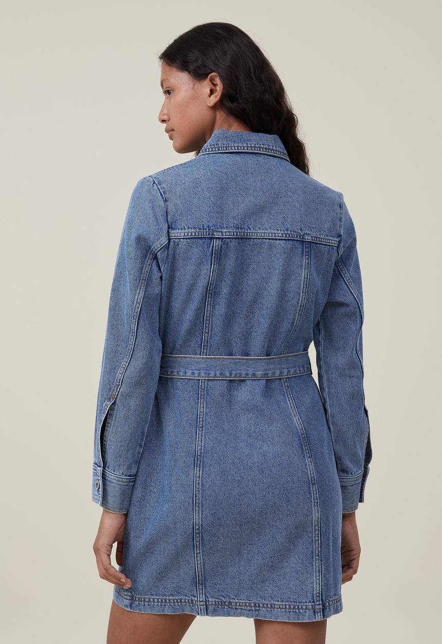 Cotton On - Long sleeve denim mini dress - offshore blue