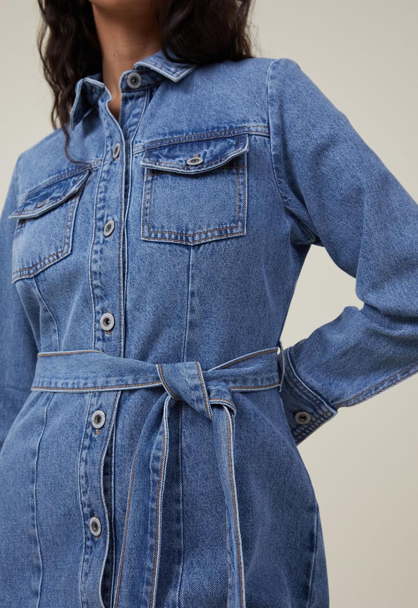 Cotton On - Long sleeve denim mini dress - offshore blue