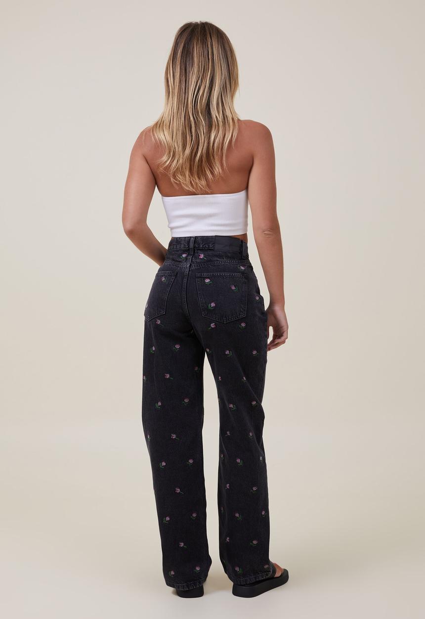 Cotton On - Loose straight jean - graphite black floral embroidery