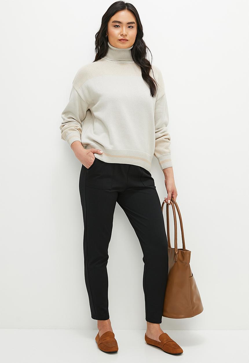 edit - Two tone rib mix high neck jumper - stone