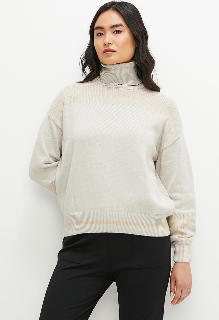 edit - Two tone rib mix high neck jumper - stone