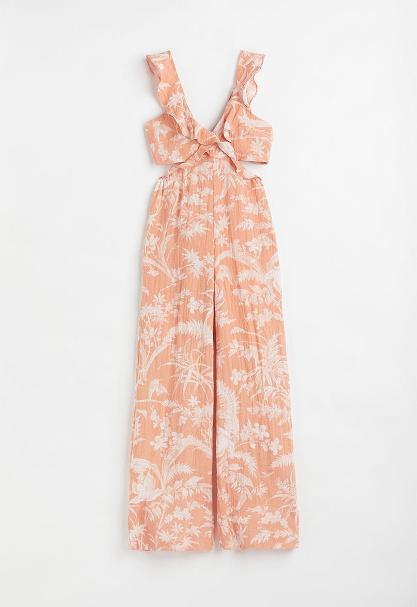 H&M - Cut-out flounce-trimmed jumpsuit - apricot/patterned