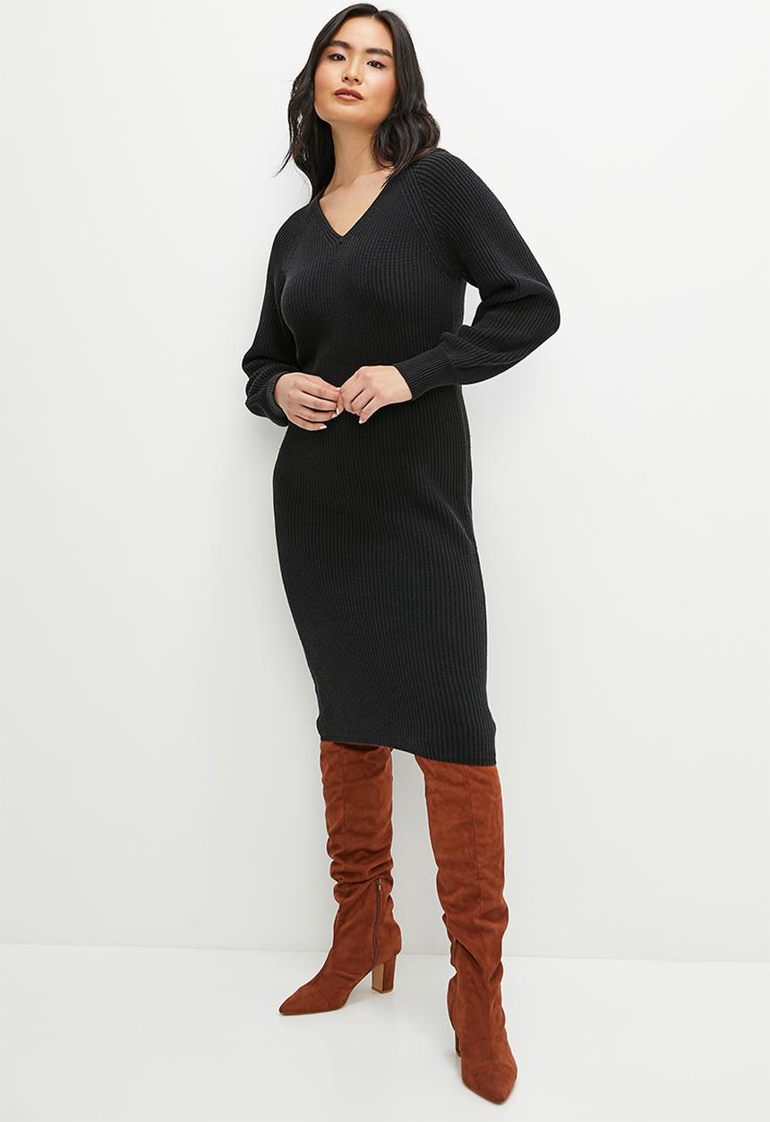 edit - Vneck dolman ribbed dress - black