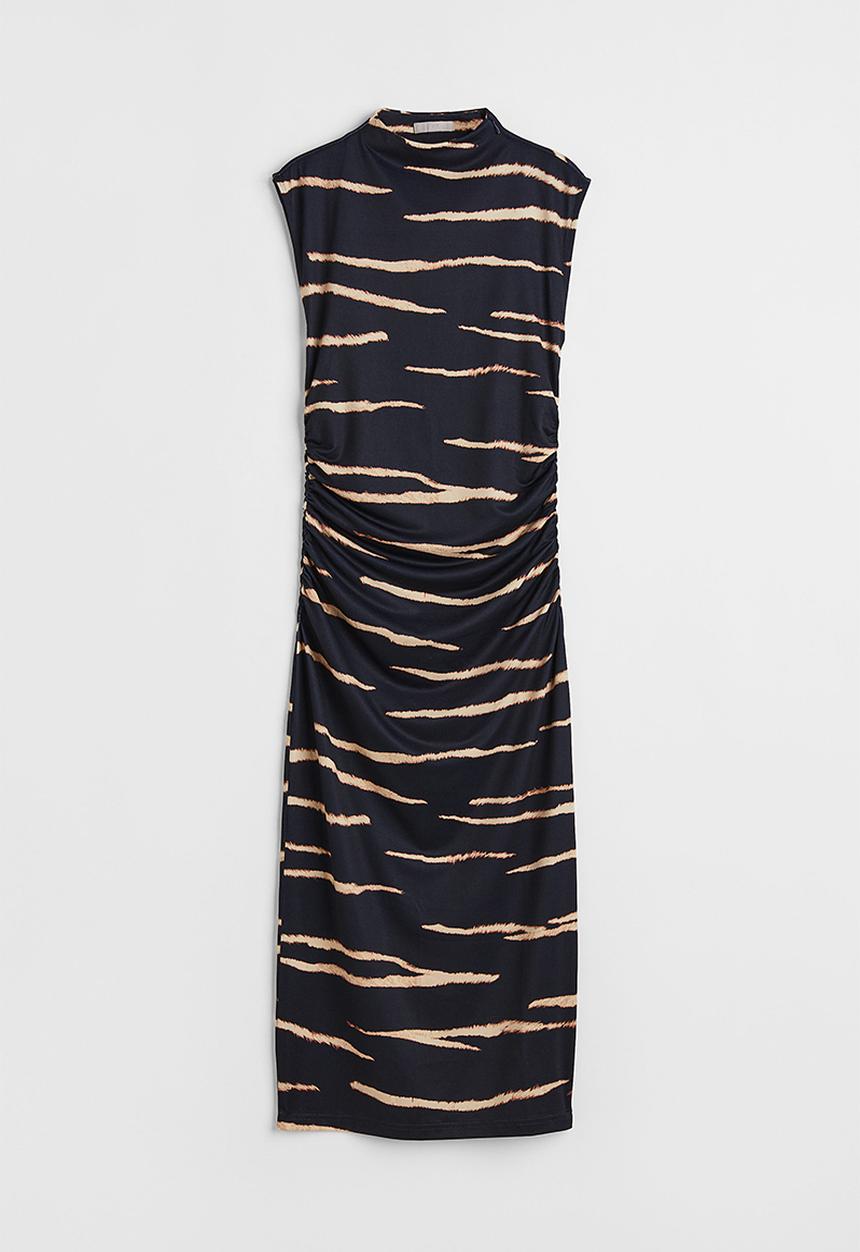 H&M - Gathered jersey dress - dark blue/zebra print