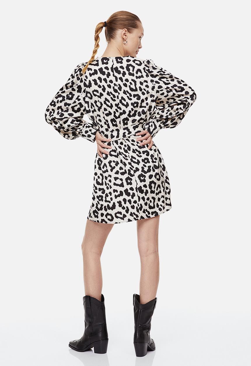 H&M - Balloon-sleeved satin dress - white/leopard print