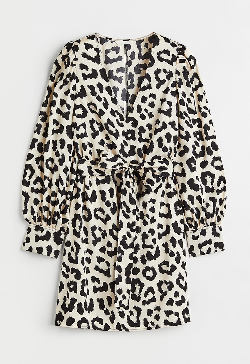 H&M - Balloon-sleeved satin dress - white/leopard print
