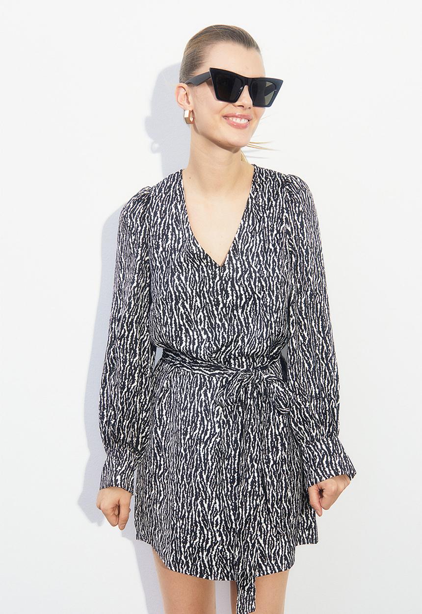 H&M - Balloon-sleeved satin dress - black/patterned
