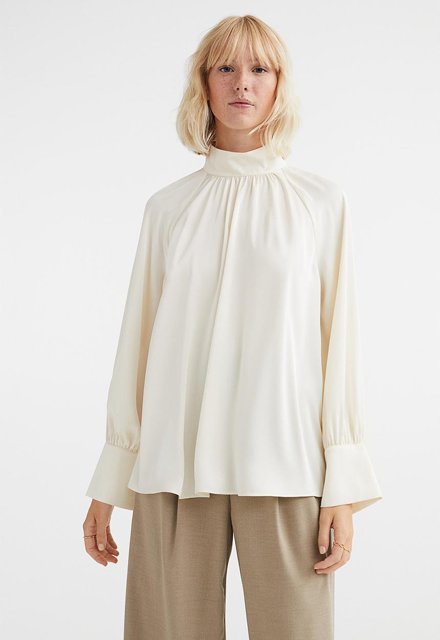 H&M - Balloon-sleeved satin blouse - cream