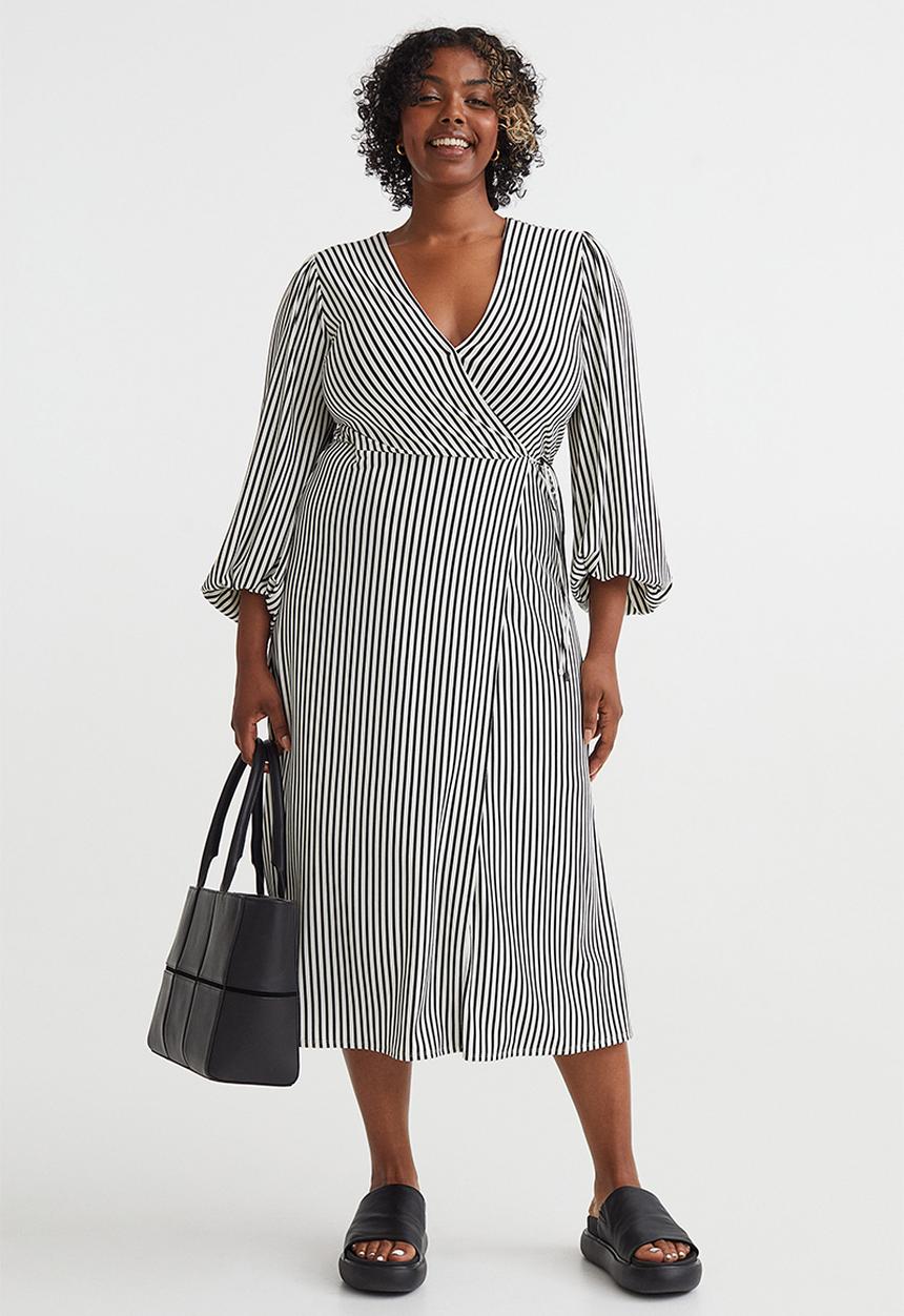 H&M - Balloon-sleeved wrap dress - black & white striped