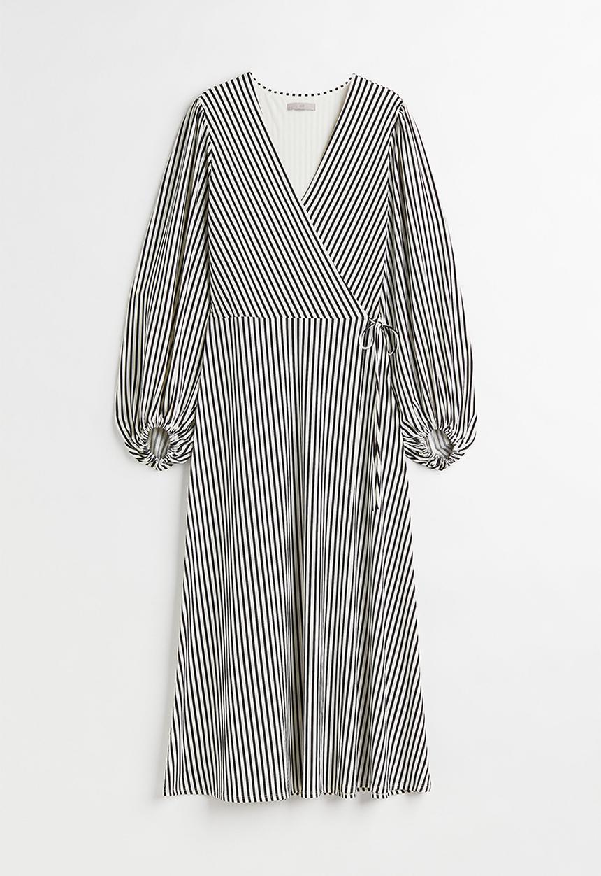 H&M - Balloon-sleeved wrap dress - black & white striped