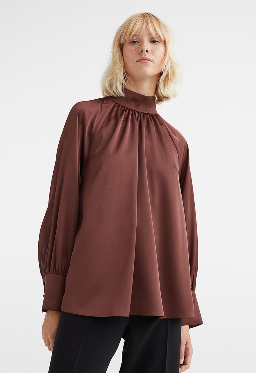 H&M - Balloon-sleeved satin blouse - dark brown