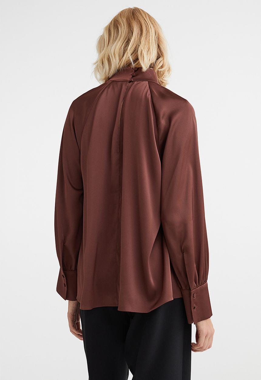 H&M - Balloon-sleeved satin blouse - dark brown