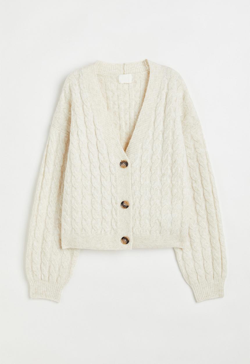 H&M - Short cable-knit cardigan - light beige marl