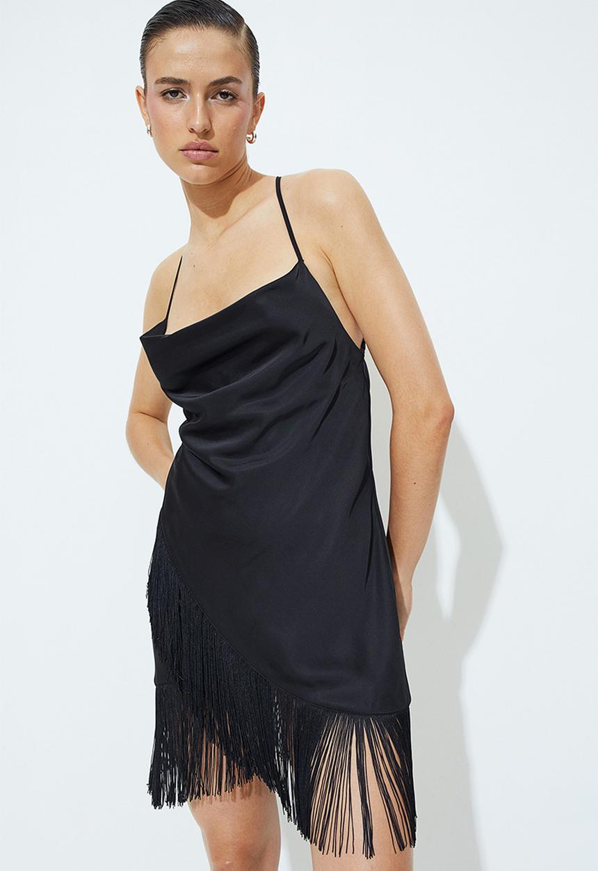 H&M - Fringed satin dress - black