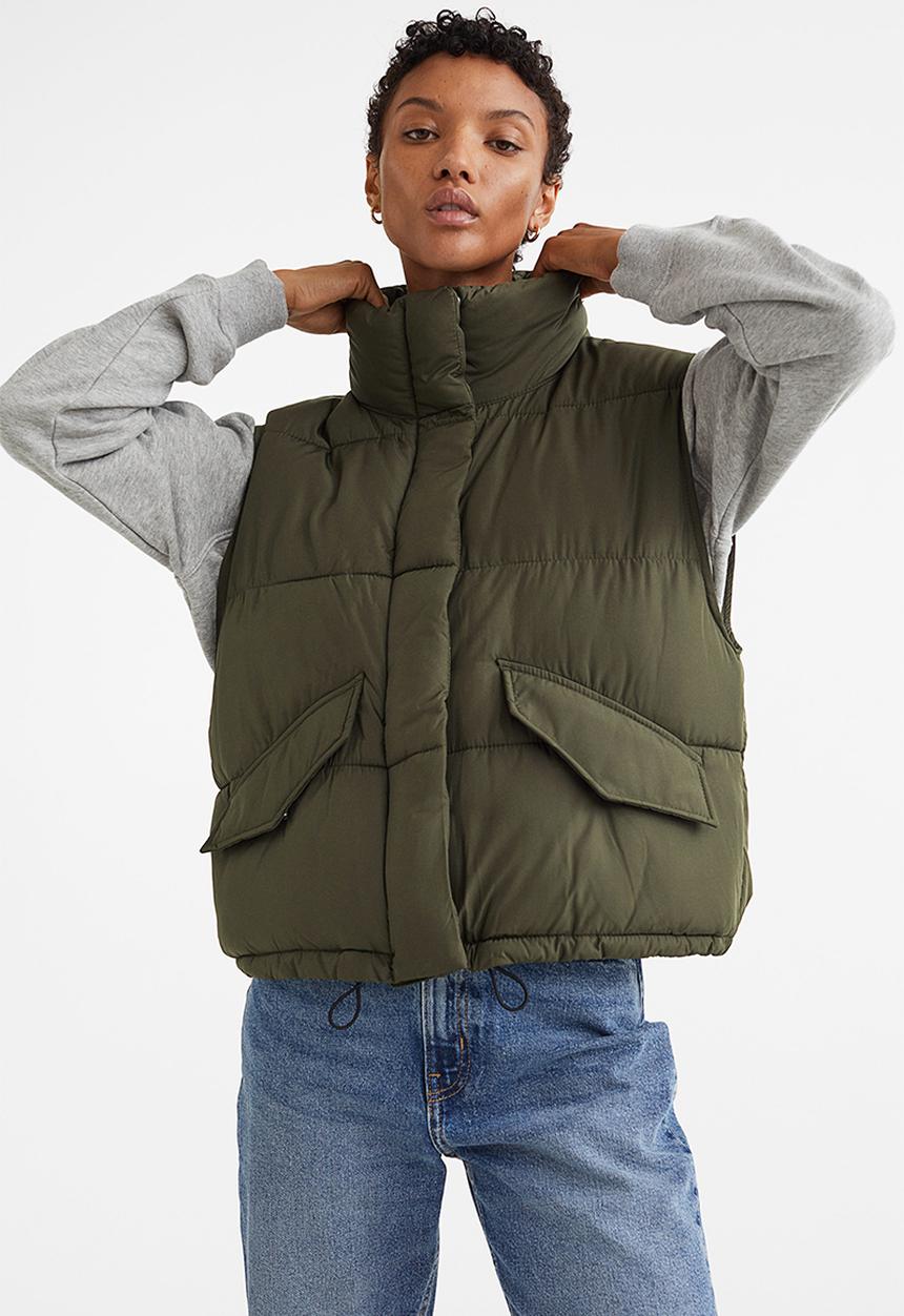 H&M - Stand-up-collar puffer gilet - dark khaki green