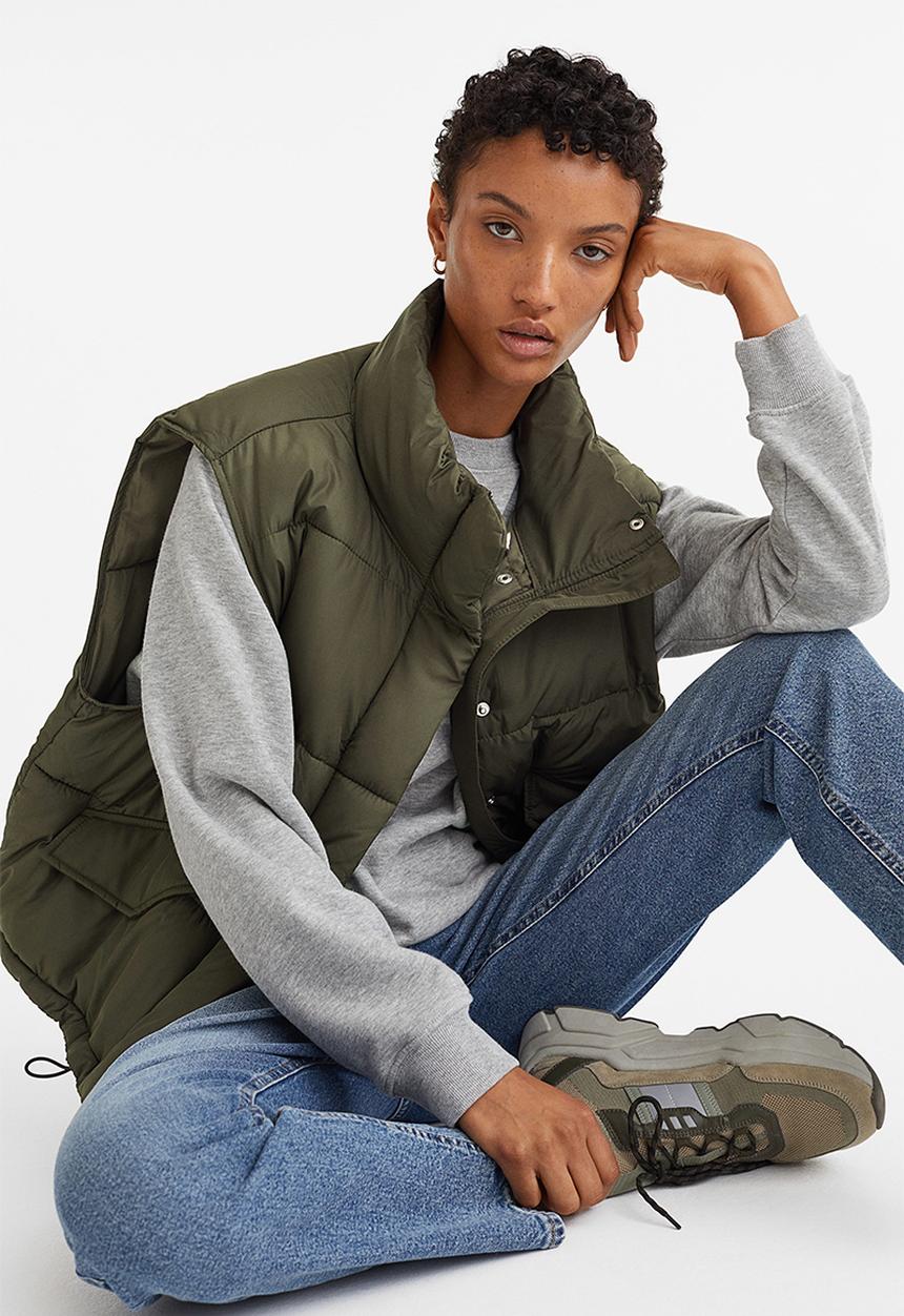 H&M - Stand-up-collar puffer gilet - dark khaki green