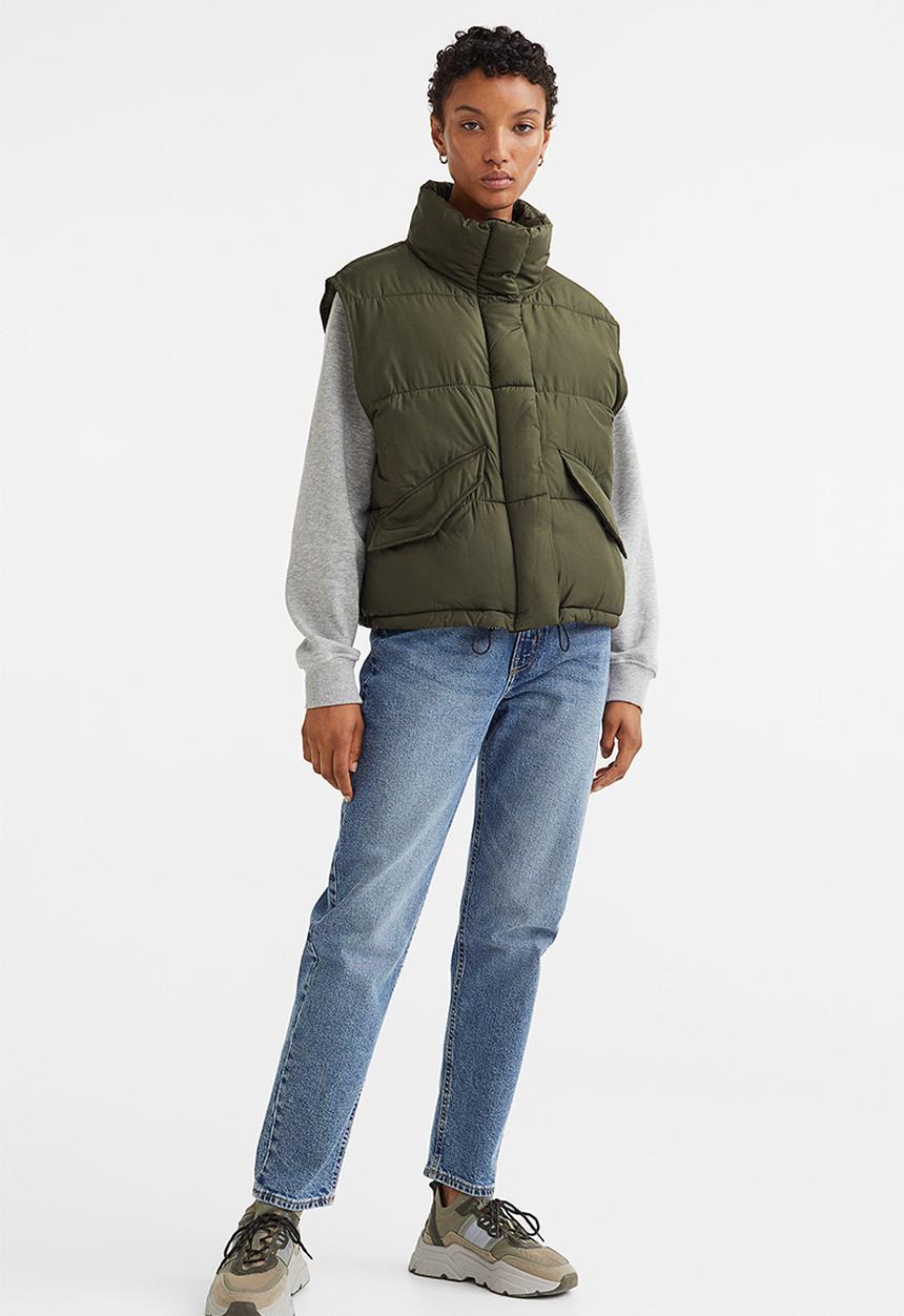 H&M - Stand-up-collar puffer gilet - dark khaki green