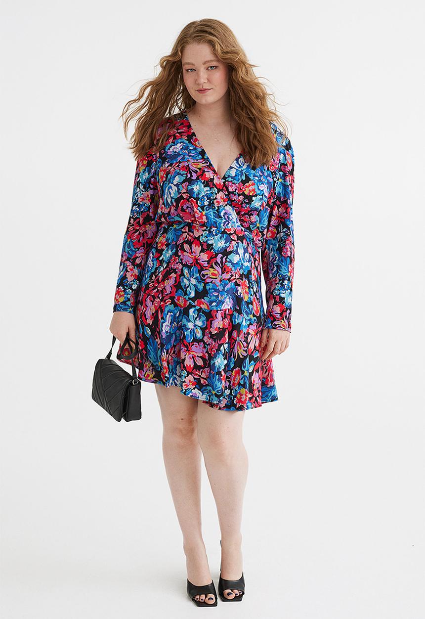 H&M - Short wrapover dress - black/floral