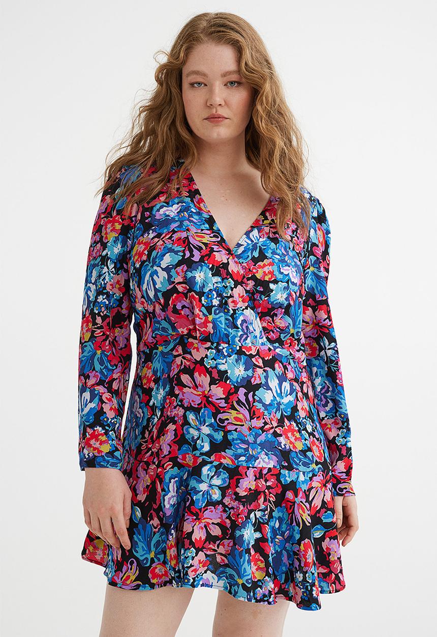 H&M - Short wrapover dress - black/floral