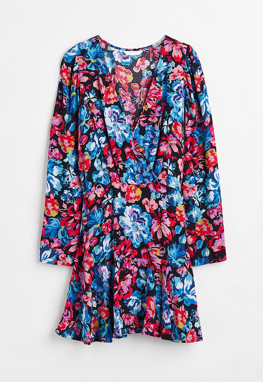 H&M - Short wrapover dress - black/floral