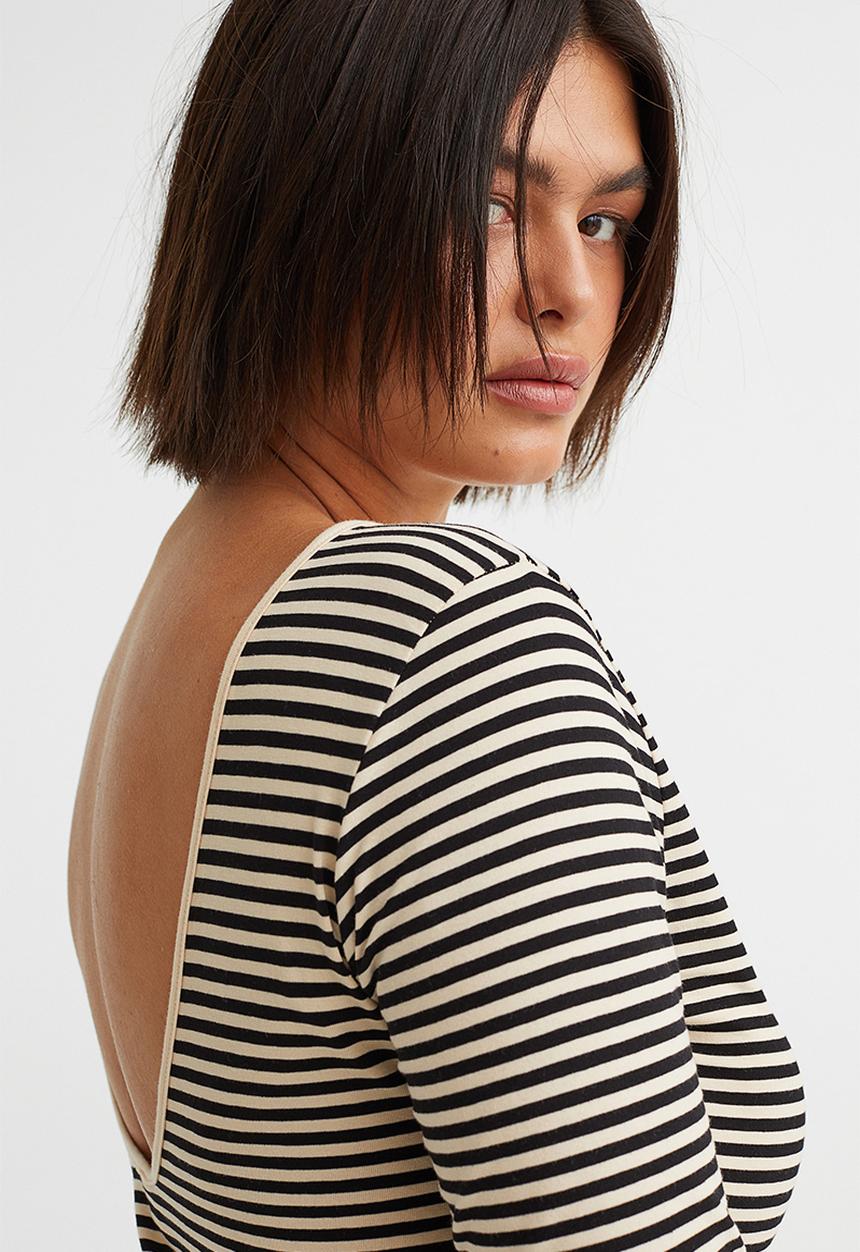 H&M - Low-backed jersey top - light beige/black striped