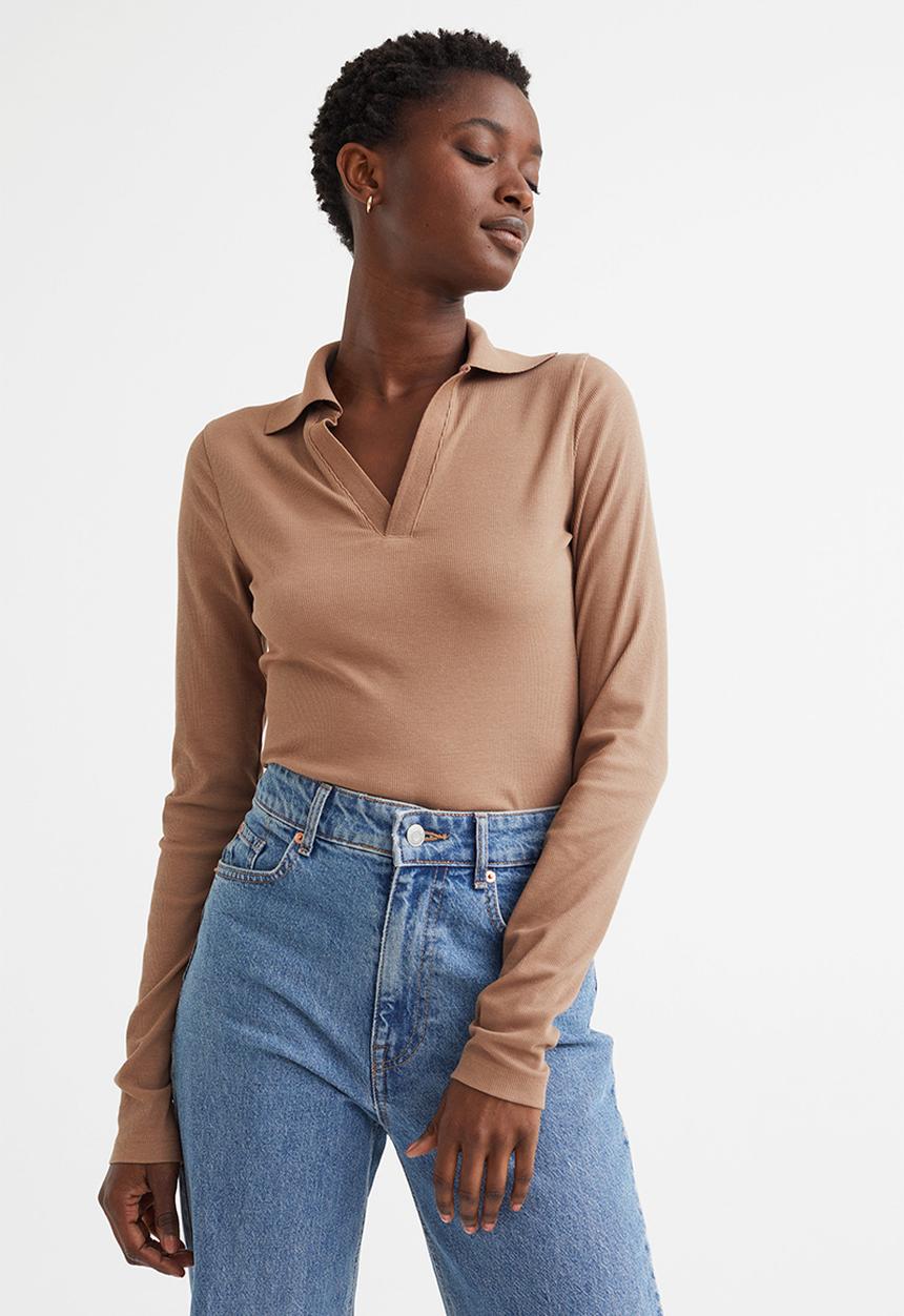 H&M - Collared modal-blend ribbed top - beige