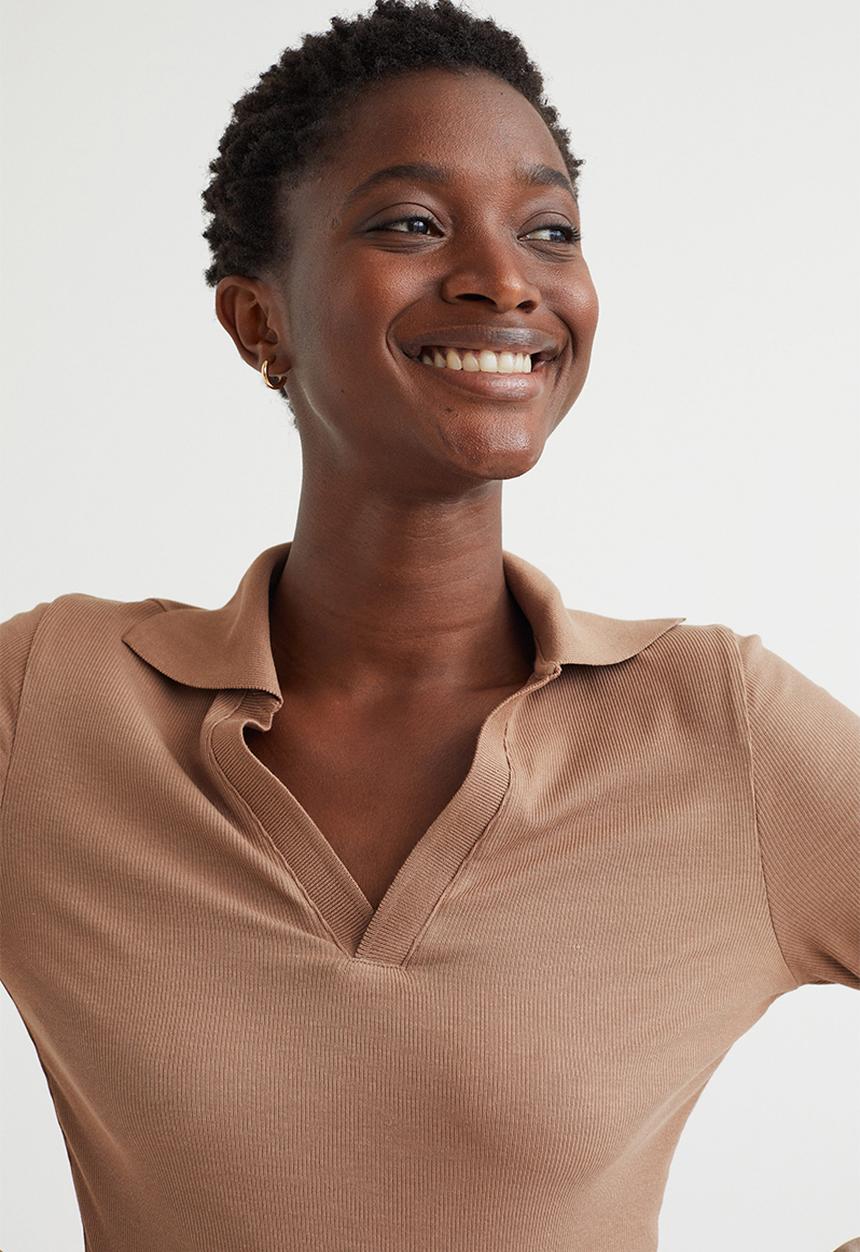 H&M - Collared modal-blend ribbed top - beige