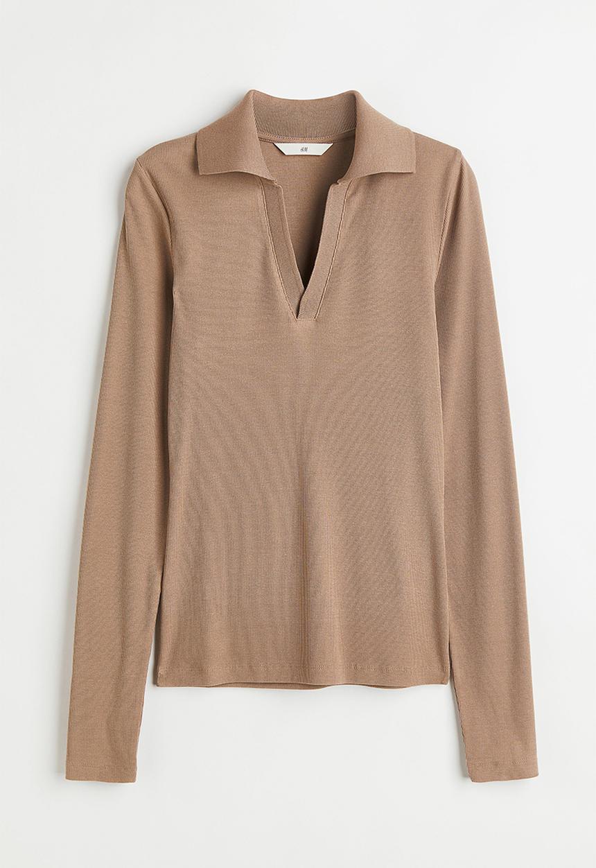 H&M - Collared modal-blend ribbed top - beige