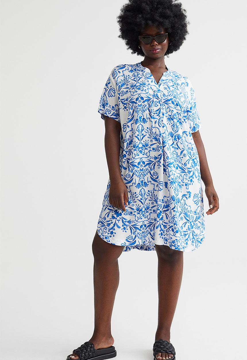 H&M - V-neck tunic - white/blue patterned