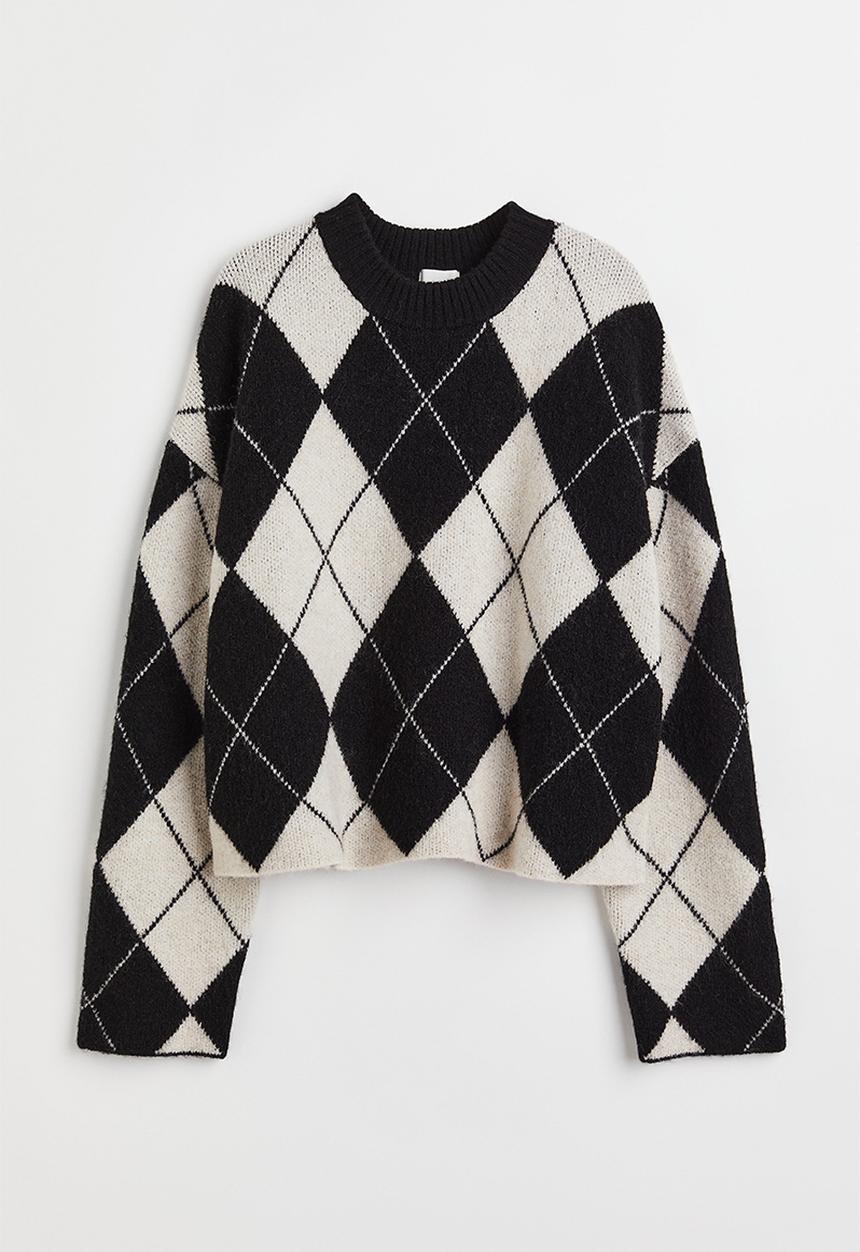 H&M - Oversized jacquard-knit jumper - black/argyle pattern