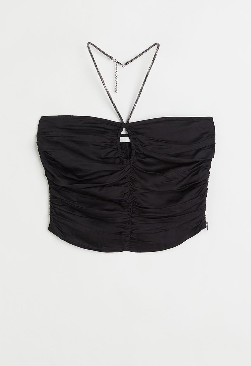 H&M - Gathered satin halterneck top - black