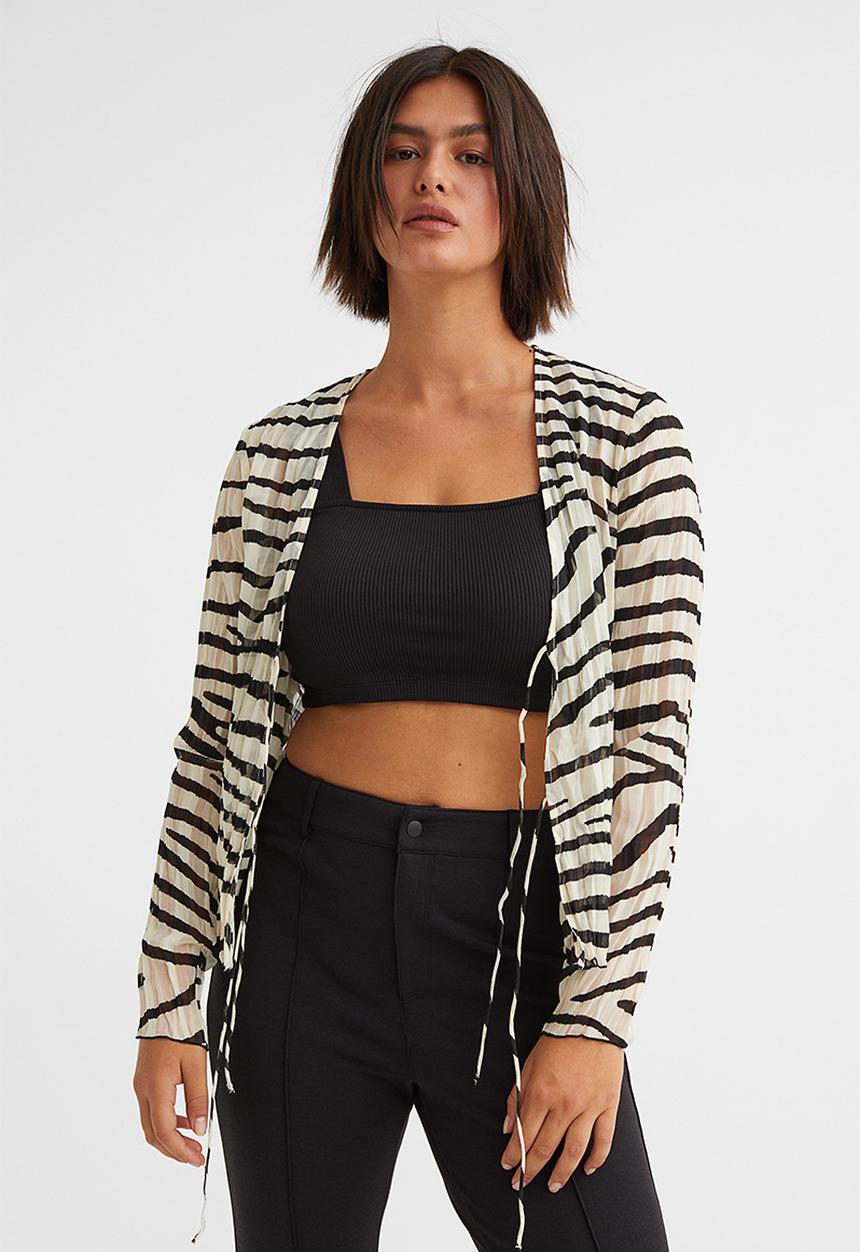 H&M - Jacquard-weave tie-detail blouse - cream/zebra-print