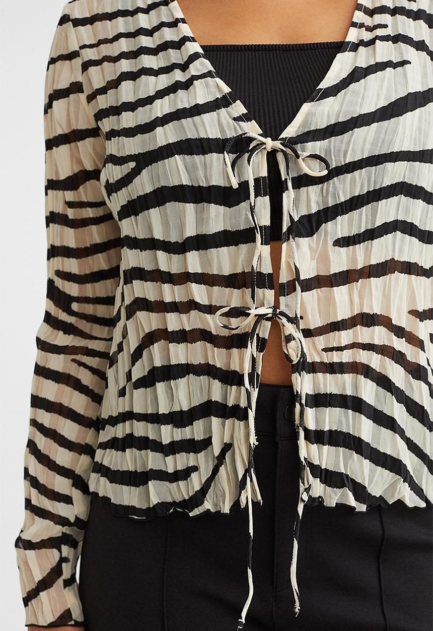 H&M - Jacquard-weave tie-detail blouse - cream/zebra-print
