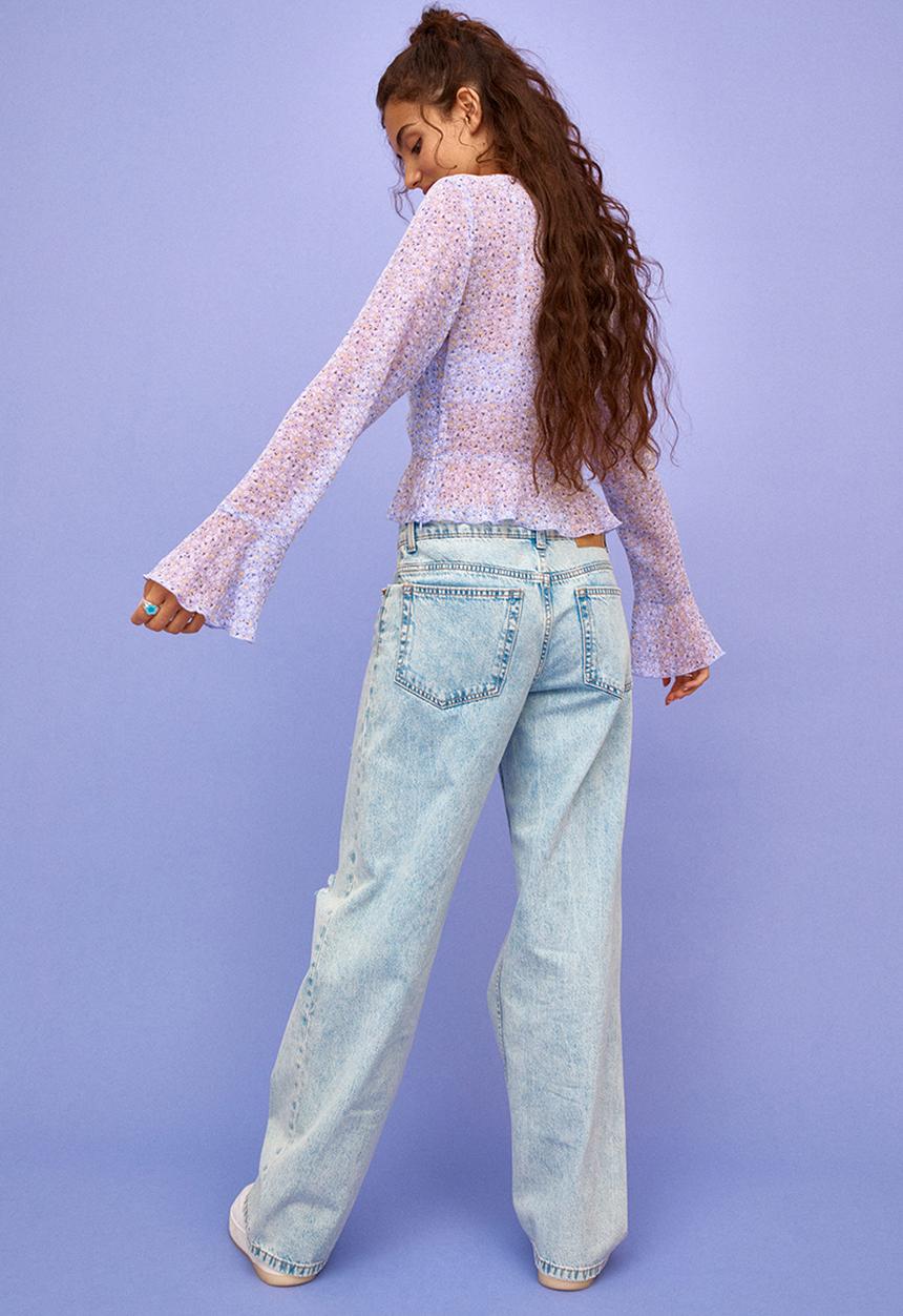 H&M - Drawstring-detail chiffon blouse - light purple/small flowers