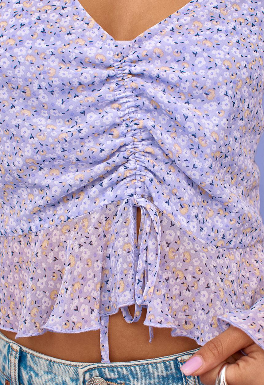 H&M - Drawstring-detail chiffon blouse - light purple/small flowers